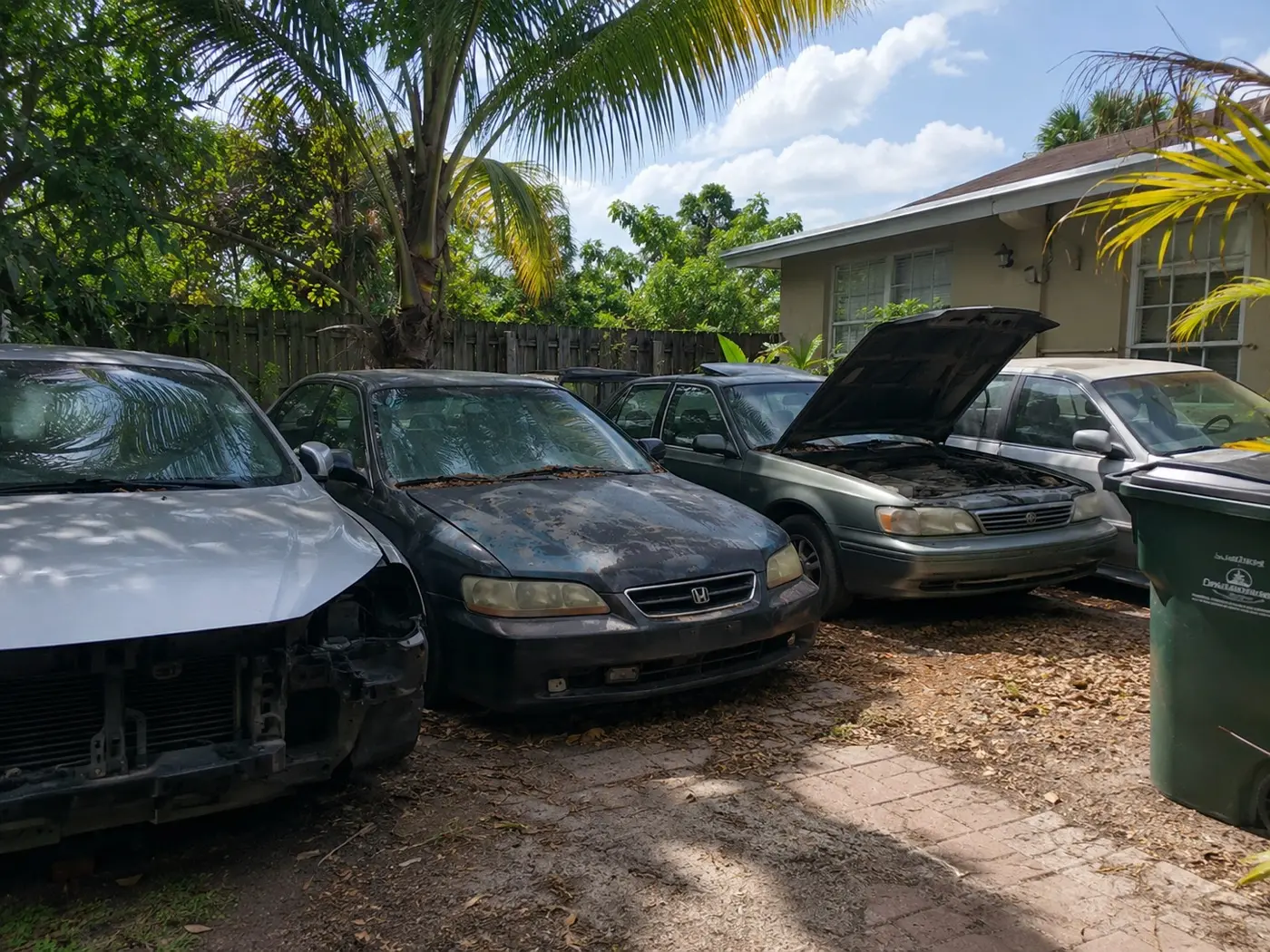 A row of junk cars in a backyard, one with the hood propped open