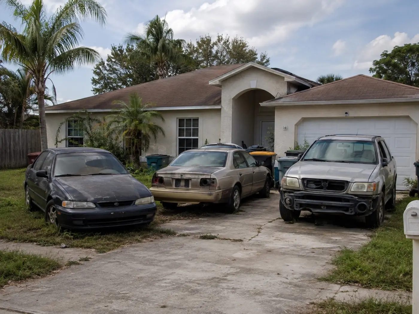 Three junk vehicles in a front yard, the SUV missing its front bumper