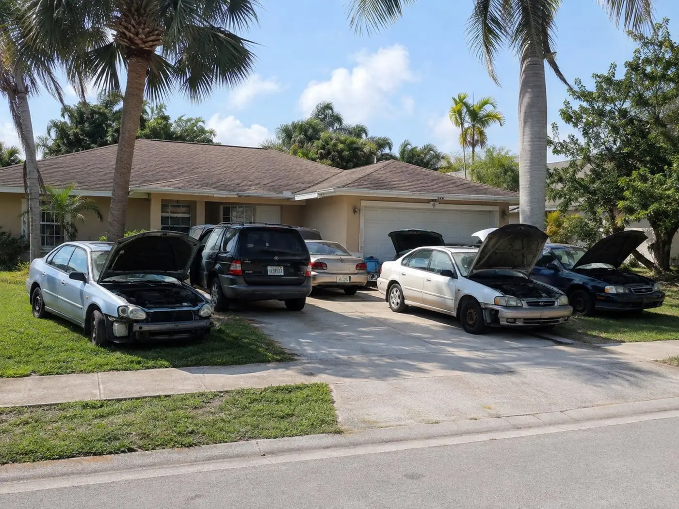 Five junk cars with hoods open spread across a driveway and lawn